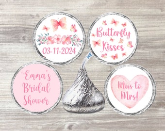 Printed Bridal Shower Pink Butterfly Watercolor Miss to Mrs Stickers for Candy Kisses - Butterflies Chocolate Candy Labels Chocolate Kisses