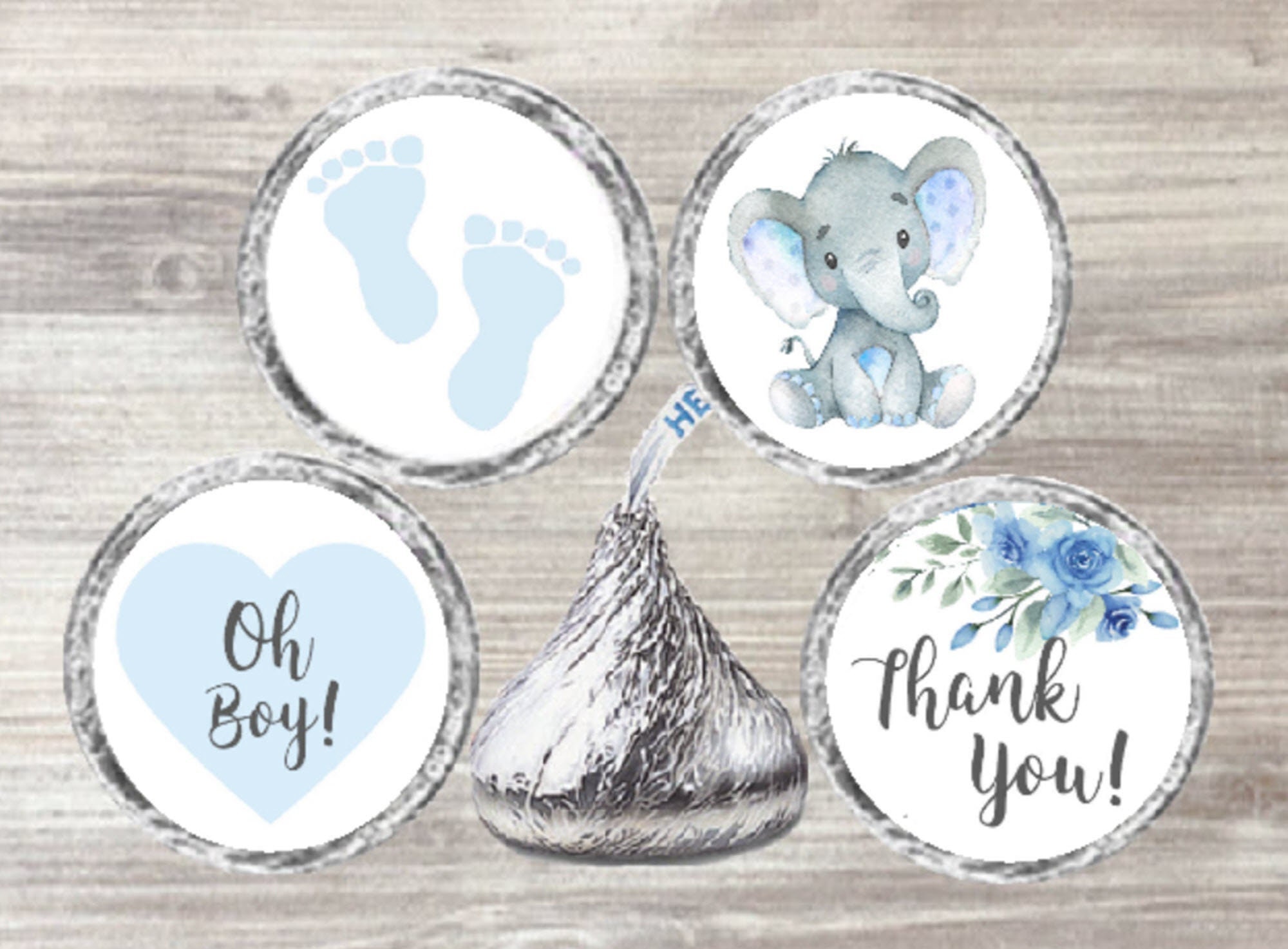 Printed Baby Boy Blue Elephant Shower Candy Kiss® Stickers Chocolate Seal Labels Candy Labels, Kiss Stickers Baby Shower Favor Shower Favors