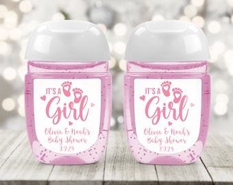 Baby Shower Hand Sanitizer Stickers | Printed Pink It's a Girl | Baby Feet Personalized Labels | Fits on Bath and Body Works® PocketBac