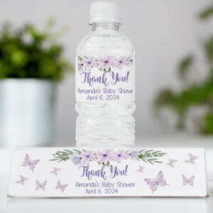 Butterfly Baby Shower Purple Lavender Watercolor Water Bottle Labels Personalized Baby Girl Stickers Party Favors