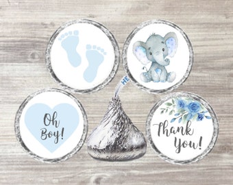 Printed Baby Boy Blue Elephant Shower Candy Kiss® Stickers Chocolate Seal Labels Candy Labels, Kiss Stickers Baby Shower Favor Shower Favors