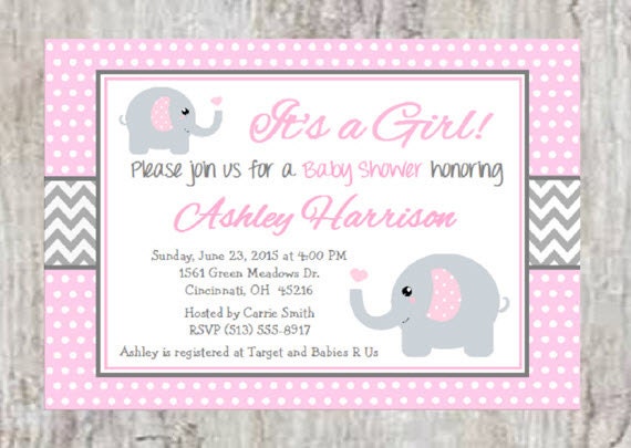 pink and gray elephant baby shower invitations