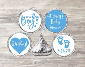 Printed Baby Shower Blue It's a Boy Stickers for Candy Kisses, Personalized Gender Reveal Chocolate Labels Party Favors ot Thank You Gifts