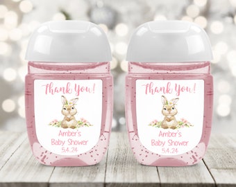 Hand Sanitizer Stickers Printed Baby Shower Brown Bunny with Flowers Personalized Labels for Bath and Body Works® PocketBac