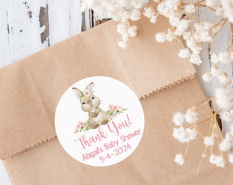 Baby Shower Brown Bunny Pink Flowers Personalized and Printed Round Party Favor Thank You Stickers Baby Girl Labels Guest Gift