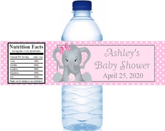 Printed Personalized Pink Elephant Water Bottle Labels - Baby Shower Party Favors Elephant Baby Shower Water Bottle Stickers for Girls