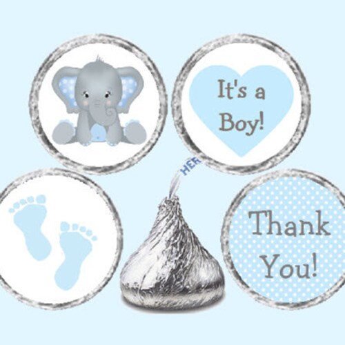 108 Baby Boy Blue Elephant Candy Kiss® Stickers It's a Boy Chocolate Candy Labels, Kiss Stickers Baby Shower Favor Blue Shower Favors