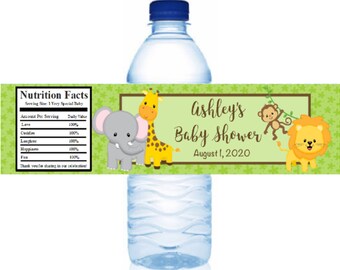 Printed Personalized Jungle Zoo Safari Animals Water Bottle Labels Elephant, Lion, Giraffe, Monkey, & Zebra Stickers Baby Shower Favors