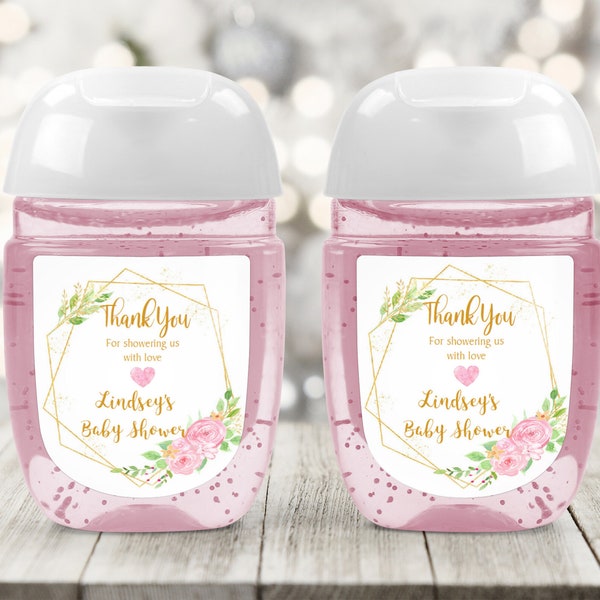 Gold Greenery Frame Hand Sanitizer Stickers Printed Baby Shower Personalized Labels Bath and Body Works® PocketBac Thank You Leaves on Frame