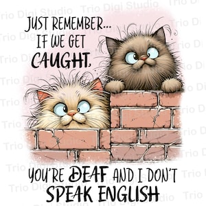 Op de afbeelding: Digitale illustratie met twee katten met grote blauwe ogen, die over een bakstenen muur kijken. De katten zijn bruin en crème. Tekst erboven luidt "JUST REMEMBER... IF WE GET CAUGHT." Hieronder staat "YOU'RE DEAF AND I DON'T SPEAK ENGLISH."