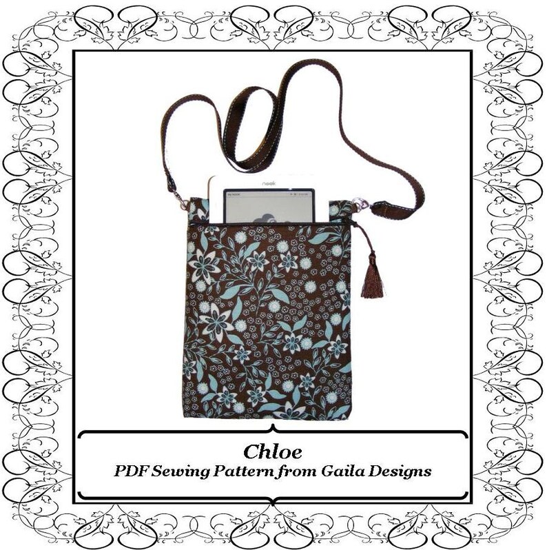 PDF Sewing Pattern iPad Mini Kindle Fire 7 Tablets Nook eReader case cover, padded with zipper, shoulder strap, fully lined Chloe image 1