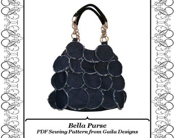 Paillette Denim Purse PDF Sewing Pattern with zipper, shoulder straps, lined "Bella"