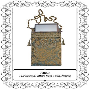 May include: A green and gold fabric purse with a chain strap and tassels. The purse is designed to hold a tablet or small laptop. The text "Anna PDF Sewing Pattern from Gaile Designs" is at the bottom of the image.