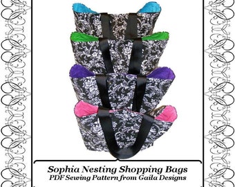 Shopping bag tote PDF Sewing Pattern with handles nesting set of four, instant pattern download "Sophia"