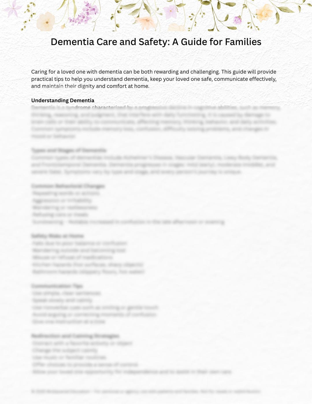 Dementia Care and Safety | Hospice Patient Education Handout | Editable ...