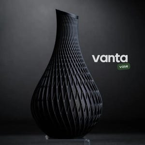 May include: A matte black vase with a tapered neck and a wide, rounded base featuring a complex, repeating geometric lattice pattern across its surface. The text vanta vase is printed in white and green to the right of the object.