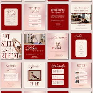 May include: A collection of red and cream-colored Pilates class promotional materials. The designs include text such as "Pilates Class", "Benefits", "Reformer Pilates", "Eat Sleep Pilates Repeat", "Weekly Schedule", "Special Offer", and "Memberships".