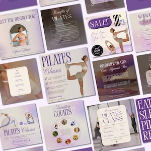 May include: A series of promotional graphics for Pilates classes, featuring women in workout attire. The designs use a soft purple and white colour scheme, with text promoting class benefits, schedules, and special offers. The graphics include the text "Pilates Classes" and "Nutrition Counts".