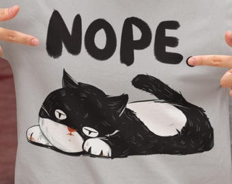 Nope Cat Shirt Funny Lazy Cat T Shirt | Sarcastic Cat Lover Gift | Cute Black and White Cat Graphic Tee for Cat Moms and Cat Dads