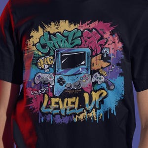Retro Gaming T-Shirt | Level Up Graphic Tee | Gamer Shirt | Vintage Console Graffiti Game Controller Shirt | Arcade Style Gamer Gift