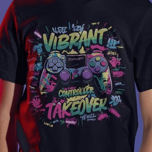 Camiseta vibrante com estampa de controle de videogame | Camiseta com estampa gamer | Camiseta retrô colorida para videogame | Presente perfeito para gamers que adoram o controle