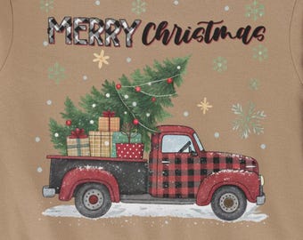 Merry Christmas Red Truck Sweatshirt | Buffalo Plaid Vintage Truck Christmas Sweater | Holiday Tree Farm Pullover | Winter Xmas Gift Shirts