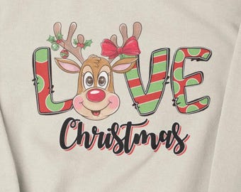Love Christmas Reindeer Sweatshirt | Cute Holiday Reindeer Face Pullover | Festive Xmas Sweater for Women | Cozy Christmas Season Outfit