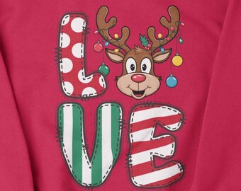 LOVE Reindeer Christmas Sweatshirt | Cute Reindeer Lights Holiday Sweater | Festive Patchwork LOVE Pullover | Cozy Christmas Gift for Her