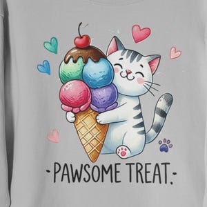Sweater Pawsome Treat Cat | Cute Kitty Ice Cream-trui | Leuk kattenliefhebbercadeau | Gezellige vakantie ronde hals voor dames en heren