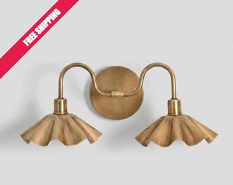 Handcrafted Brass Double Wall Sconce, Vintage Shade Vanity ,hardwire & plug-in