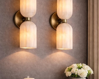 Handmade Alabaster Wall Sconce, Mid Century Modern Brass Light with Alabaster Shade, Bedside Lamp