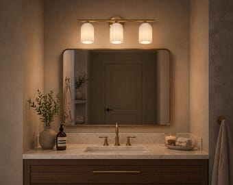 Alabaster Brass Vanity Light | 3-Light Mid Century Modern Sconce, Natural Stone Shade
