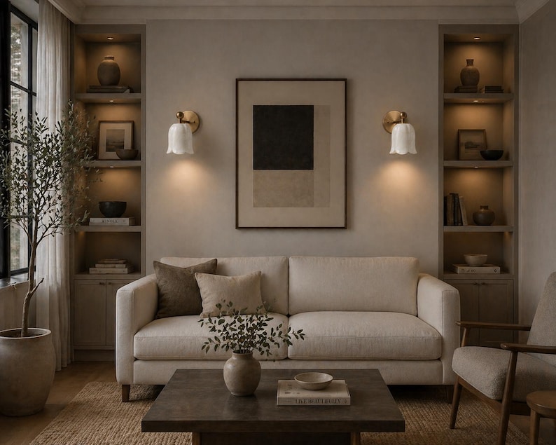 May include: A neutral-toned living room with a cream-colored sofa, decorative pillows, and a dark wood coffee table. Two wall sconces with white tulip-shaped shades flank a framed abstract artwork. Built-in shelves display decor.