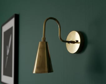 Mid Century Modern Brass Wall Sconce | Cone Shade Bedside Light