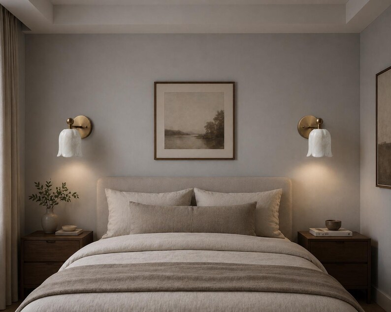May include: A bedroom scene featuring a bed with neutral-toned bedding, a headboard, and a framed landscape painting. Two wall sconces with brass fixtures and white tulip-shaped shades flank the bed, providing soft lighting. Wooden nightstands are on either side.