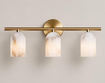 Alabaster Brass Vanity Light | 3-Light Mid Century Modern Sconce, Natural Stone Shade