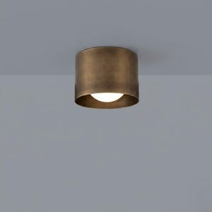 Könnte beinhalten: Eine zylindrische Deckenleuchte in Bronzefarbe mit einem warmen, einladenden Schein. Die Leuchte hat ein schlichtes, modernes Design mit einer abgerundeten Form und einer einzigen Lichtquelle. Das Licht hat eine weiche, weiße Farbe.