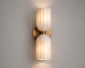 Handmade Alabaster Marble Brass Wall Sconce – Mid Century Modern Double Cylinder Light Fixture