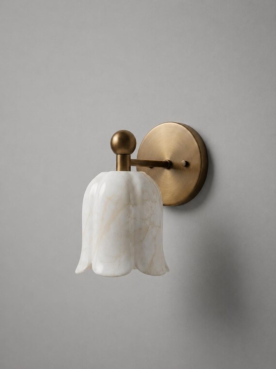 Handmade Alabaster Flower Sconce: Mid Century Brass Marble Wall Light Scandinavian Lamp