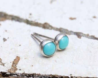 5mm Turquoise Tiny Button Post Earrings. Turquoise and Sterling Silver Bezel Set Stud Earrings.