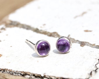 4mm Super Tiny Amethyst Button Post Earrings. Amethyst and Sterling Silver Bezel Set Stud Earrings.