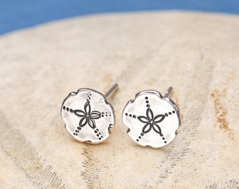 Sand Dollar Post earrings in Sterling Silver.  Stud earrings. Silversmith metalwork boho. hand stamped jewelry Handmade.