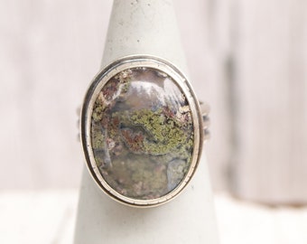 Size 9.75 Green Moss Agate and Sterling Silver ring. Bezel set gemstone Silversmith metalwork boho handmade