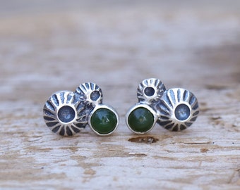 Nephrite Jade and Double Barnacle Post earrings in Sterling Silver. Stud earrings. Barnacle Collection Silversmith metalwork.