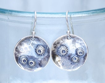 Barnacle disc dangle Earrings in Sterling Silver. Barnacle Collection Silversmith metalwork boho. Handmade. French Hook ear rings.