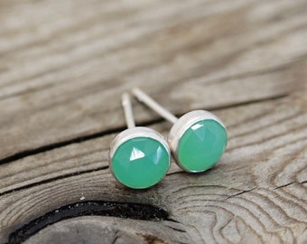 6mm Bright Apple Green Chrysoprase Tiny Button Post Earrings.  Chrysoprase and Sterling Silver Bezel Set Stud Earrings.