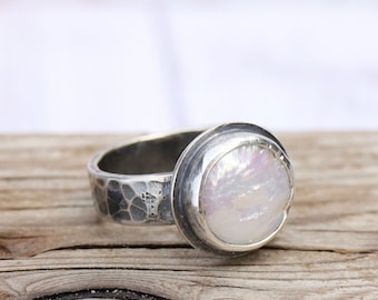 Coin Pearl Wide Band Ring - MADE TO ORDER - Sterling Silver forged hammered June birthstone