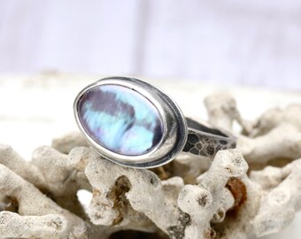 Oval Peacock Pearl Medium Band Ring - MADE TO ORDER - Sterling Silver forged hammered June birthstone