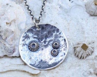 Large Barnacle disc necklace in Sterling Silver. Barnacle Collection Silversmith metalwork boho. Handmade. Metal artist pendant