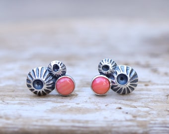 Pink Coral and Double Barnacle Post earrings in Sterling Silver. Stud earrings. Barnacle Collection Silversmith metalwork.